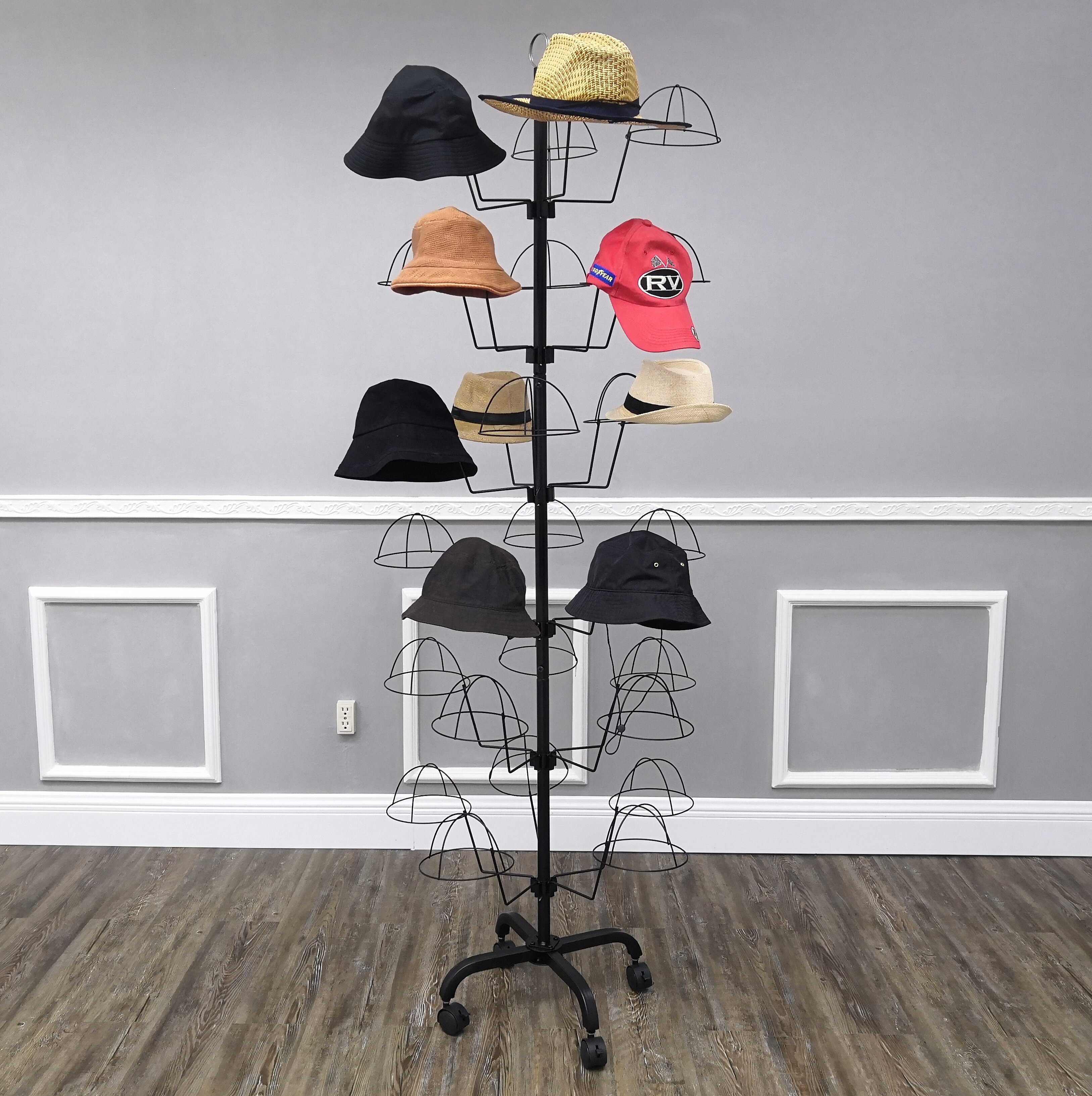 6-Tier 24 Hat Rotating Hat Display Rack Free Standing Headwear Wig Rack Metal Floor Rack for Caps Rebrilliant