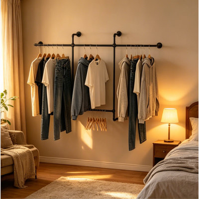 Portemanteaux mural industriel en tuyaux, barre à vêtements noire robuste avec tringle à vêtements supplémentaire, organisateur de garde-robe peu encombrant pour chambre à coucher, salle de lavage, présentoir de boutique