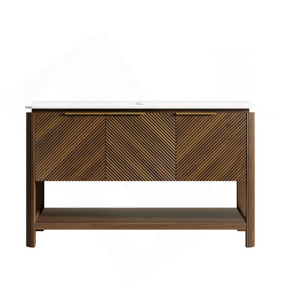 Armoire autoportante 48 po avec 3 portes et tablette ouverte, plateau en pierre frittée blanc de Carrare, sans lavabo, sans robinet ni drain, grain de bois noyer foncé