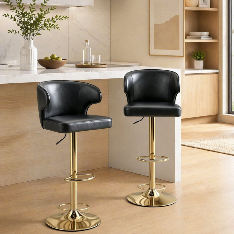 Chaise de bar moderne et rotative réglable, chaise pivotante avec dossier en cuir de polyuréthane, Black/Gold, 4, 33.8