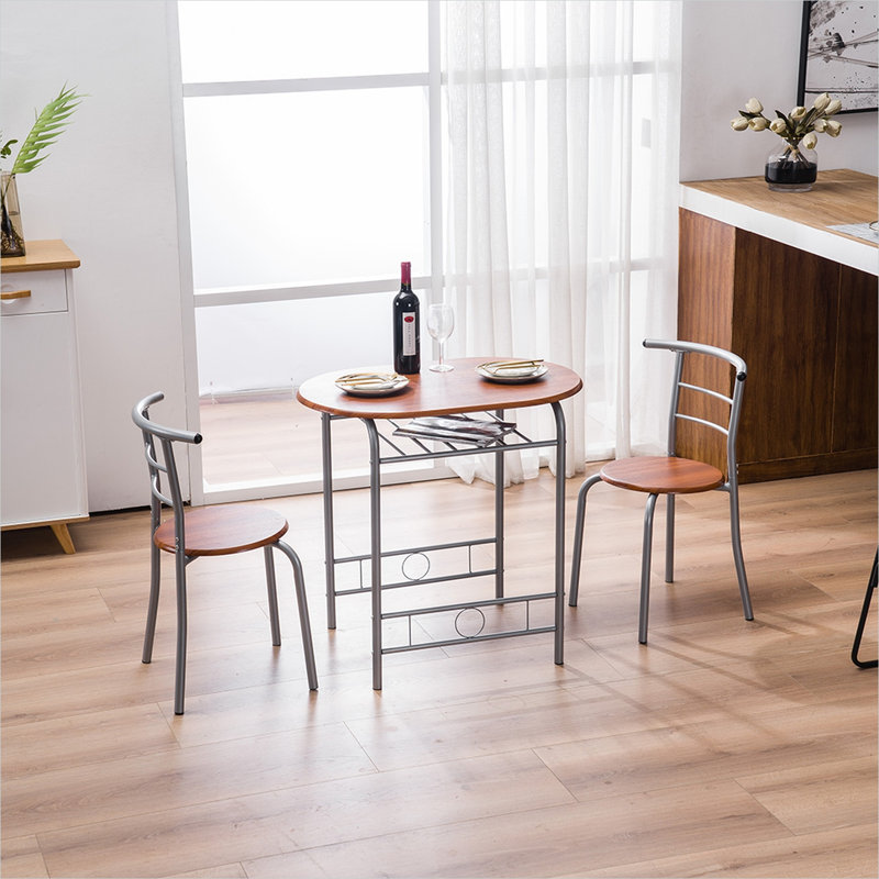 Table de petit-déjeuner classique en MDF brun et métal avec 2 chaises, design gain de place pour les petites cuisines et les coins repas