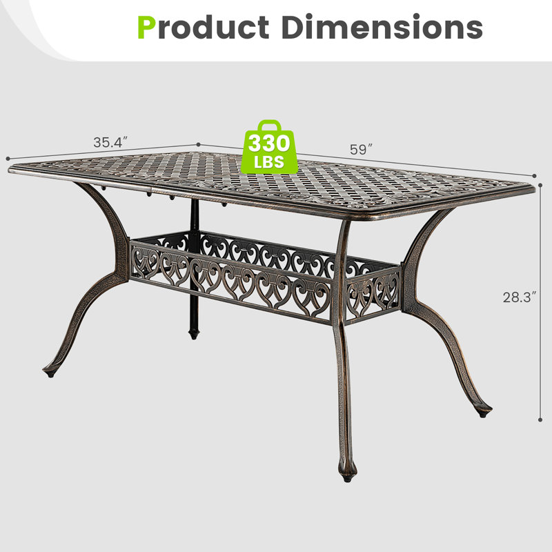 Table de salle à manger d'extérieur rectangulaire en fonte avec trou pour parasol 59 po Astoria Grand