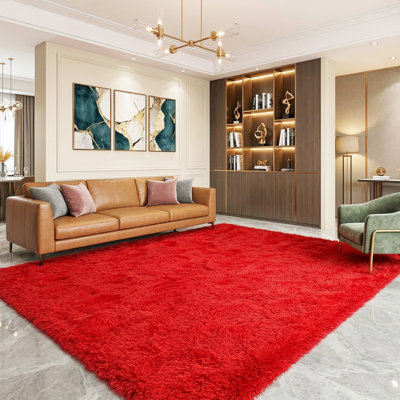 Red Shag Area Rugs For Living Room, Large Furry Plush Rug For Bedroom, Decorative Carpet with 4 Stickers, Upgrade Non Slip Rug, Ideal For High Traffic Areas Indoor, School-opening gift
