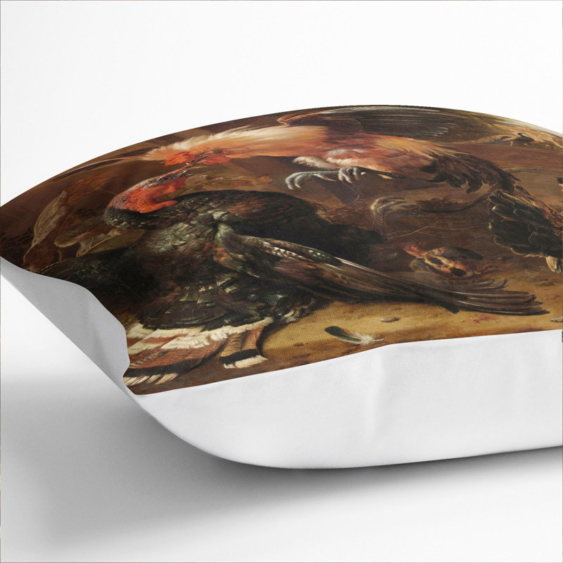 Rooster and Turkey Fighting Scatter Cushion, 40cm H x 40cm W x 15cm D, White