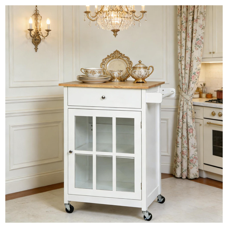 Chariot portatif pour îlot de cuisine avec tiroir et armoire vitrée, finition chêne et blanc