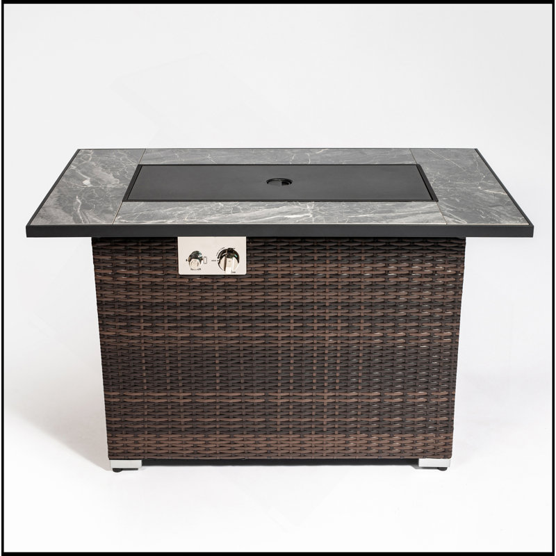 44" Propane Gas Fire Pit Table, 50000 BTU Rectangular Fire Pit, Tile Tabletop With Beautiful Wicker Base For Outside Patio Deck Garden Courtyard-Brown