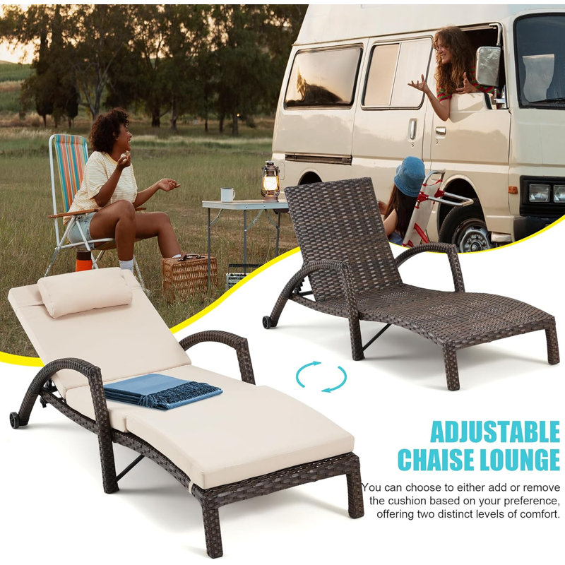 Lounger Set 2 Pieces Adjustable 5 Positions Outdoor PE Rattan Wicker Patio Pool Lounge Chair, Khaki