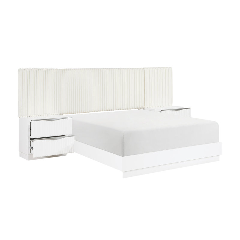 Ensemble de lit luxueux 5 pièces à finition blanche perle luxueuse, Très grand lit