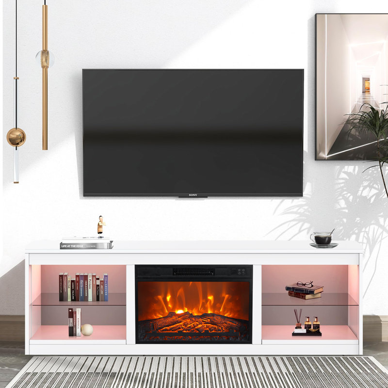 Modern Detachable Fireplace TV Stand, RGB, Black or White, 168x40x56cm, MDF & Metal, Living Room, White, Yes