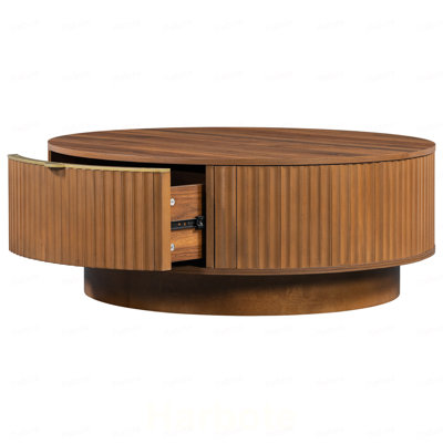 Round Coffee Table with Storage Drawer, Modern Fluted Coffee Table with Golden Handle, Wood Center Table for Living Room, Contemporary Accent Cocktail