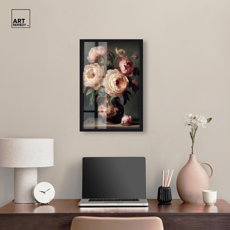 «Peony Rhapsody Shadowbox Print» par Art Remedy, H 25 po x l 17 po, Noir
