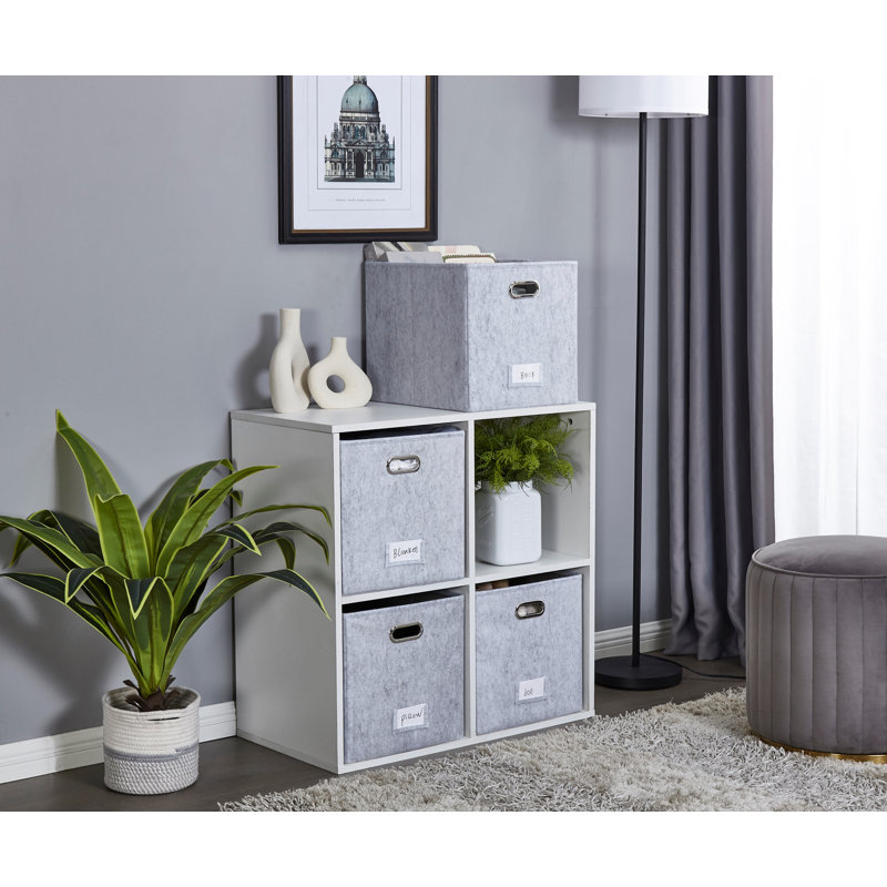 Bac de rangement en forme de cube pliable 13 x 15 avec porte-étiquette et poignées en métal, Gris clair
