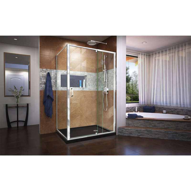 Flex 48" x 74.75" Rectangle Pivot Shower Enclosure with Base Included, Chrome/Black, Right