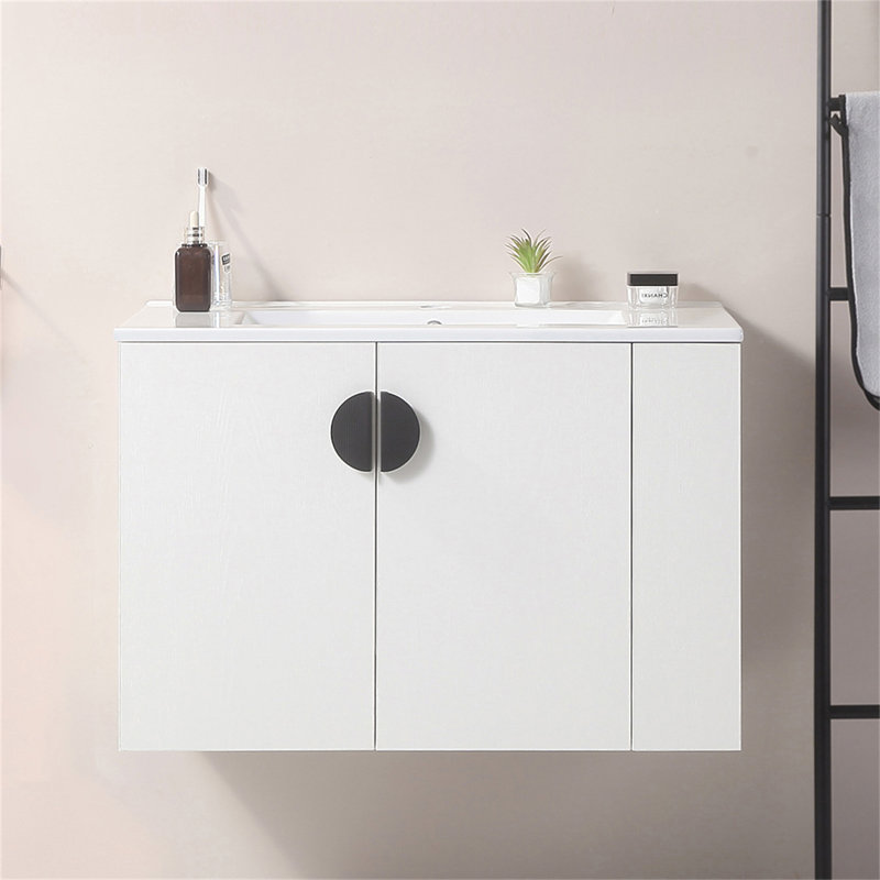 Meuble-lavabo compact de 30 po avec lavabo, deux portes, tablette ouverte, fabrication en bois massif, à l'exception des robinets