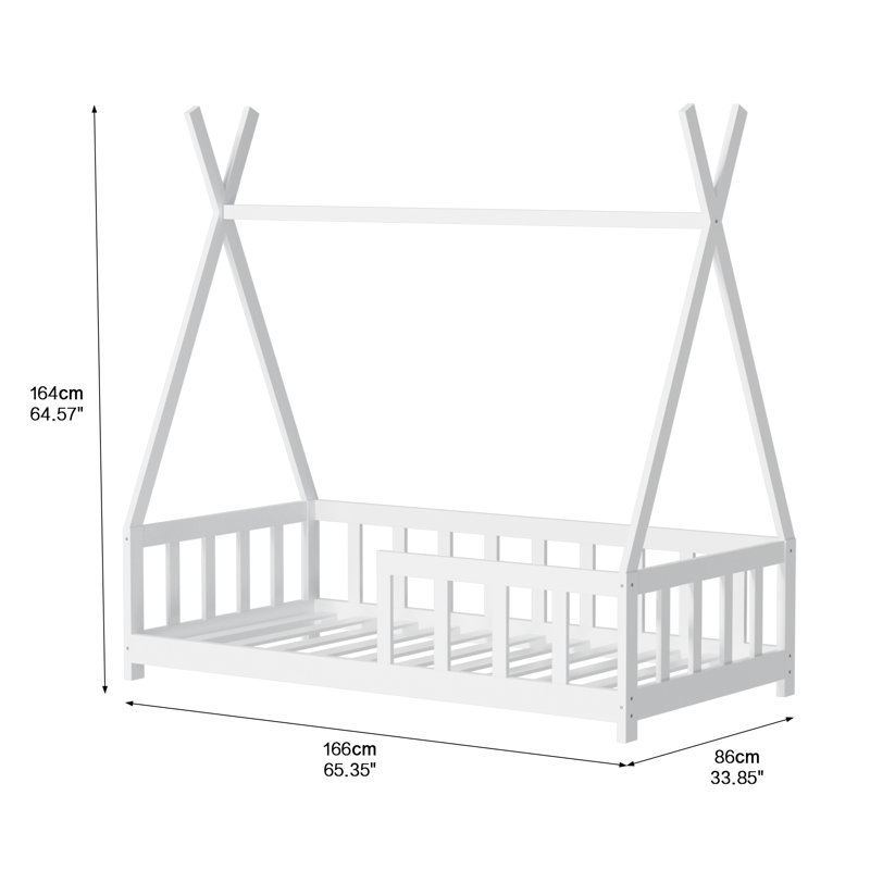 Cadre de lit de plancher pour enfants, lit de plancher en bois Montessori, lit de maison pour enfants filles garçons, lits de tente, blanc avec garde-corps