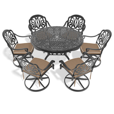 Ensemble de salle à manger 7 pièces en fonte d'aluminium toutes saisons, comprenant 6 chaises pivotantes et une table ronde de 48,03 po avec structure noire