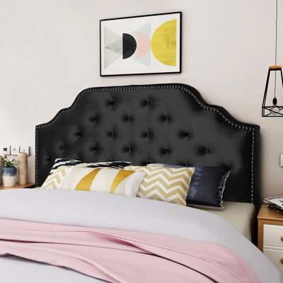 Grand lit moderne et tête de lit double - Velours noir avec boutons et garniture cloutée élégante