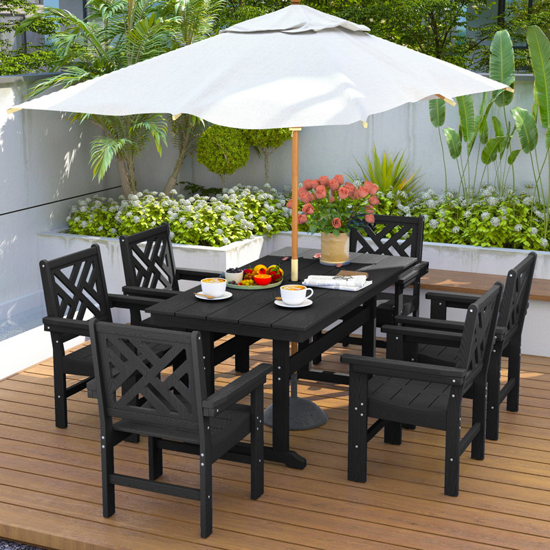 Outdoor Patio Dining Set All Weather HDPE Dining Set Poly Dining Set Rectangular Table  6 - Person, 6, Black