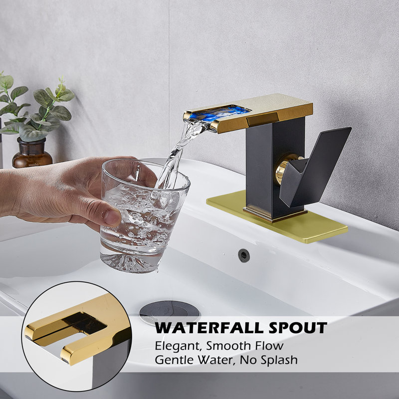 Bathroom Faucet Single Hole Handle Led Waterfall Open Spout Modern Brass Sink Vanity Faucets, Gold/Matte Black