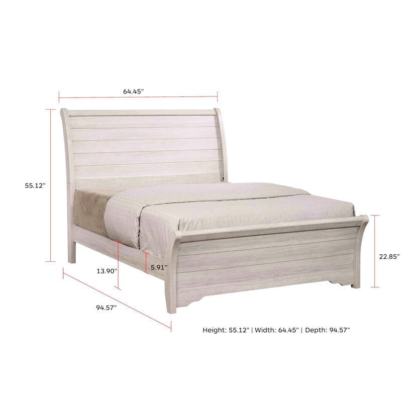 Grand lit de style contemporain avec caractéristiques, lignes horizontales, finition gris craie, cadre en bois pour chambre à coucher, tête de lit délicatement inclinée, assemblage simple gris moyen