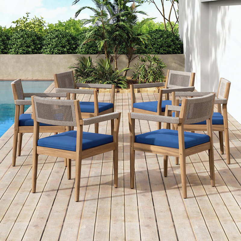 Braided Acacia Wood Outdoor Dining Chairs with Beige Rope and Navy Cushions (Set of 6)