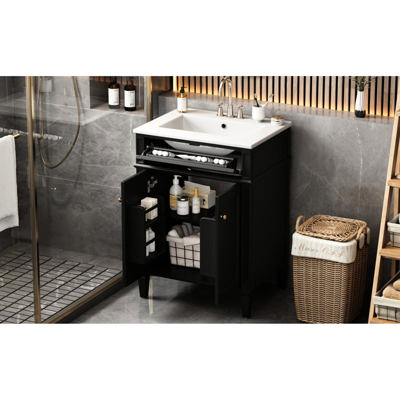 Meuble-lavabo de 61 cm avec lavabo, 2 portes et tiroir basculant. Fermeture silencieuse. Vasque en céramique. Tiroir. Un incontournable moderne. Construction robuste. Étagère de rangement réglable.