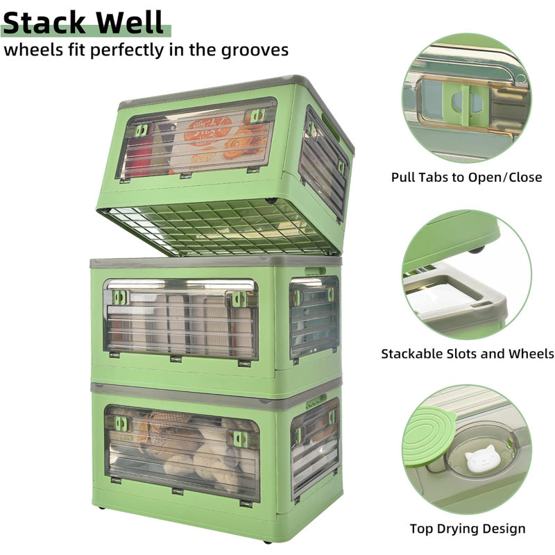 Bacs de rangement en plastique pliables 32 pte avec couvercle et roues - vert