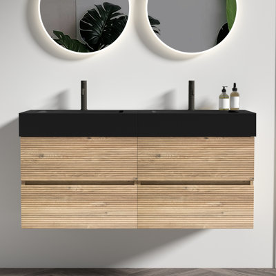 Meuble-lavabo suspendu, 122 cm (48 po), lavabo en quartz noir reconstitué, tiroirs en chêne brut, design moderne du milieu du siècle, poignée dissimulée, matériaux silencieux de classe E1, côtés en grain de bois, 122 cm (48 po), esthétique.