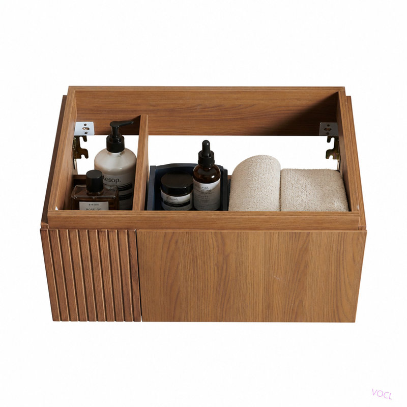 Meuble en contreplaqué de 76 cm (30 po) avec une porte et un tiroir, sans lavabo ni comptoir, sans robinet ni couvercle d'évier.