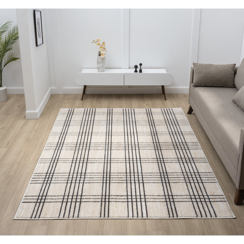 Clowers Collection White/Charcoal Plaid Patterned Area Rug, 8' x 10', Rectangle 7'5" x 11'1"