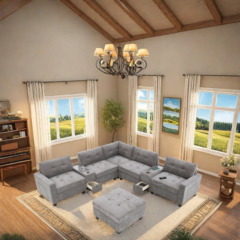 Modular Chenille Sofa With Dual Consoles, Extra-Large Storage, Wireless Charging, Removable Ottoman, Acrylic Table Tops & Side Storage Pockets For Living Room