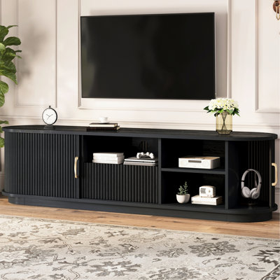 Meuble télé en bois noir veiné avec portes coulissantes et tiroir pour téléviseurs de 75 pouces, style rustique vintage, meuble cannelé, console multimédia avec étagères réglables, décoration de chambre