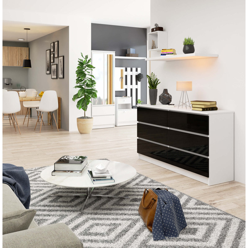 Wes 6 Drawer 138Cm W Double Dresser, White/Black Gloss
