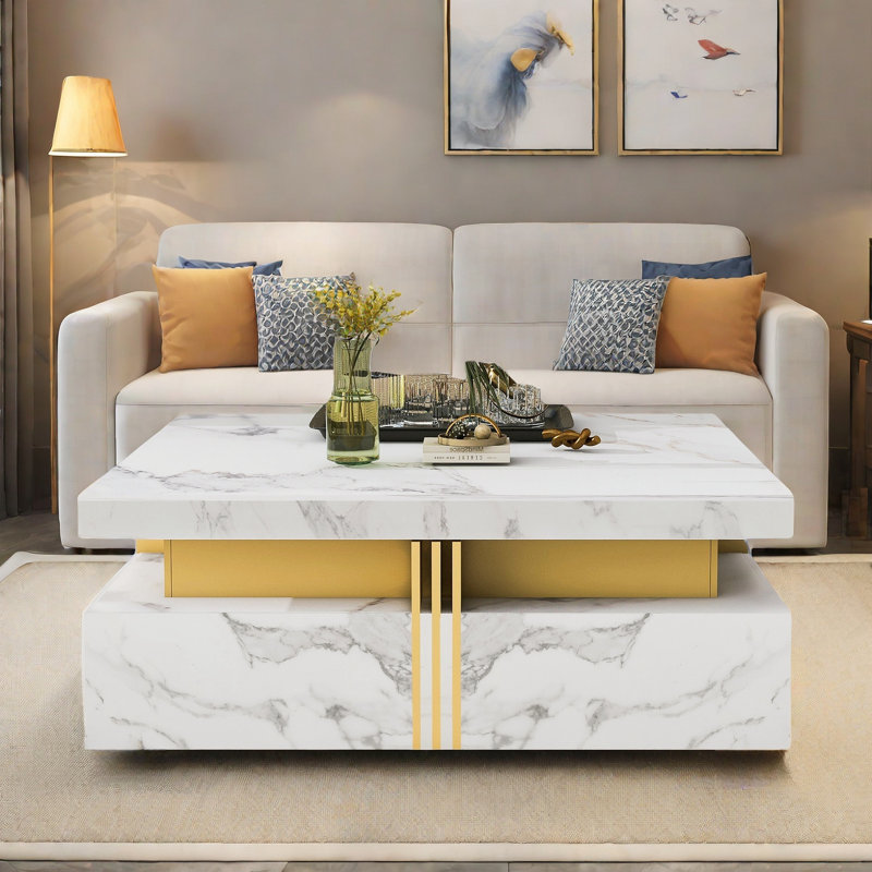 Modern White Square Storage Coffee Table With 4 Drawers And Gold Accents