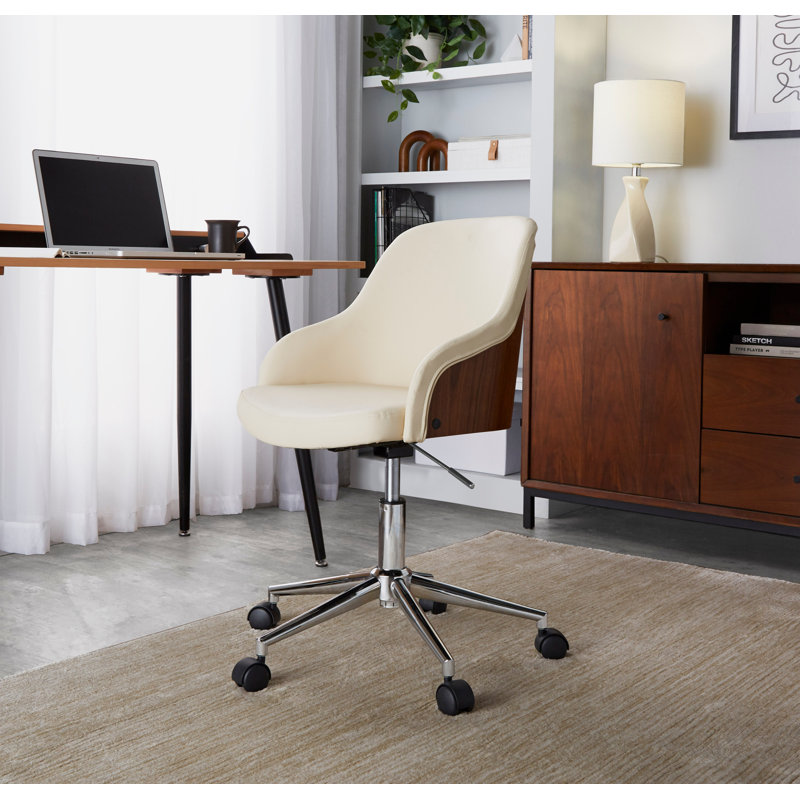 Chaise de bureau en métal chromé, Crème, Chrome / noyer