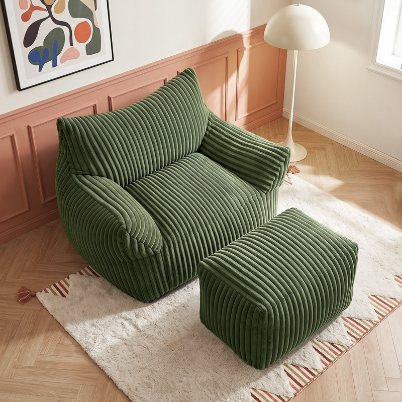 Compression Bean Bag Chair with Ottoman , Comfy Memory Foam Large Lazy Sofa, Green Corduroy