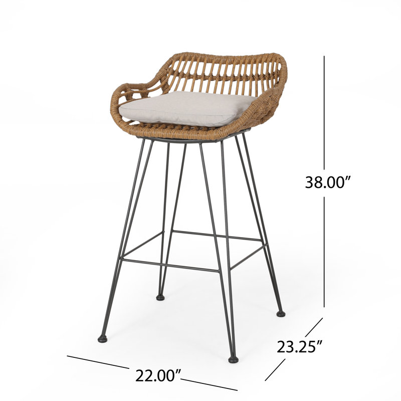 Endicott Wicker Outdoor 30'' Bar Stool with Cushion, Light Brown Frame / Biege Cushion
