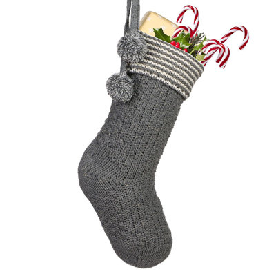 Grey Chunky Knit Pom Pom Christmas Stocking