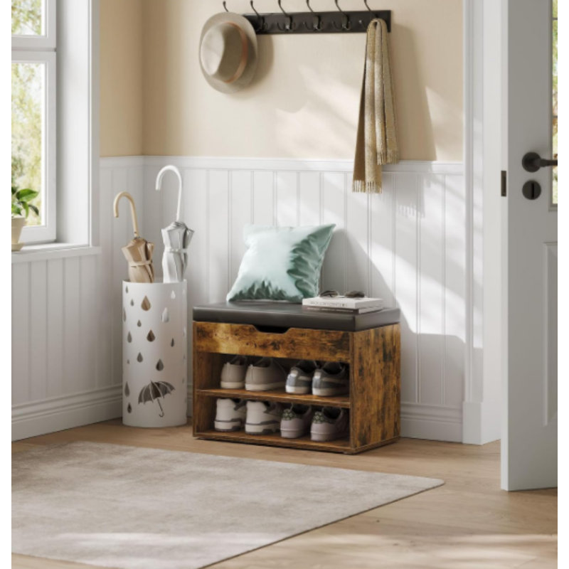 Saer 6 Pair Shoe Storage Bench, Black, Rustic Brown
