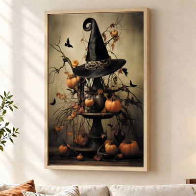 Tableau sur toile encadré beige « Chapeau de sorcière et citrouilles », 91,4 cm (H) x 61 cm (L), idéal pour les fêtes.