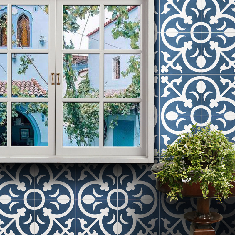 Nador 8" x 8" Cement Patterned Wall & Floor Tile, Blue/White