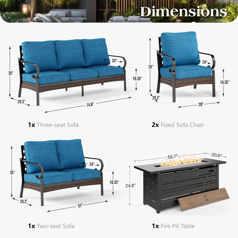Ensemble de meubles d'extérieur pour 7 personnes avec table foyer, Noir / bleu paon / noir