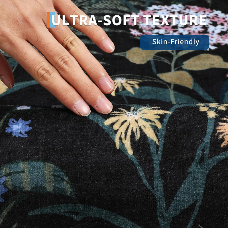 Washable Area Rugs for Bedroom Living Room Rug Elegant Floral Throw Rugs Non-Slip Low Pile Thin Carpet Farmhouse Boho Print Non-Shedding Floor Carpet for Dining Room Home Office Dorm Black