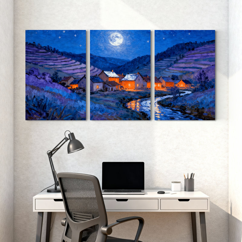 Abstrait au clair de lune avec ciel étoilé et champs de lavande, ensemble de 3 impressions sur toile, H 30 po x l 60 po