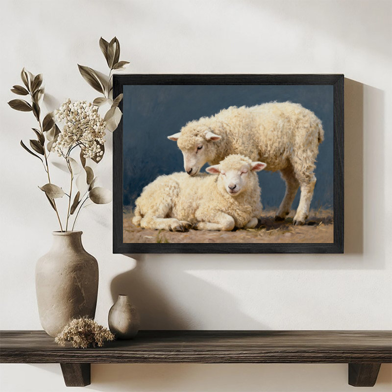 Reproduction d'art encadré noir, petit agneau mignon et douillet, style rétro, H 13 po x l 17 po