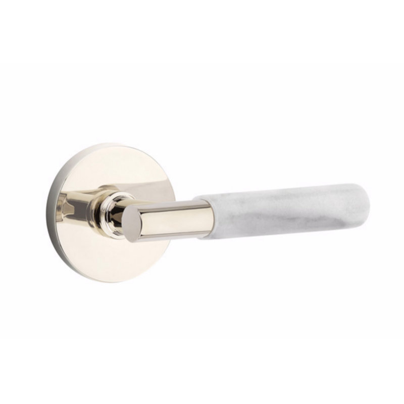 Ensemble de faux levier Emtek Select, rosette à disque, tige en T, poignée en terrazzo clair, Nickel poli / marbre blanc