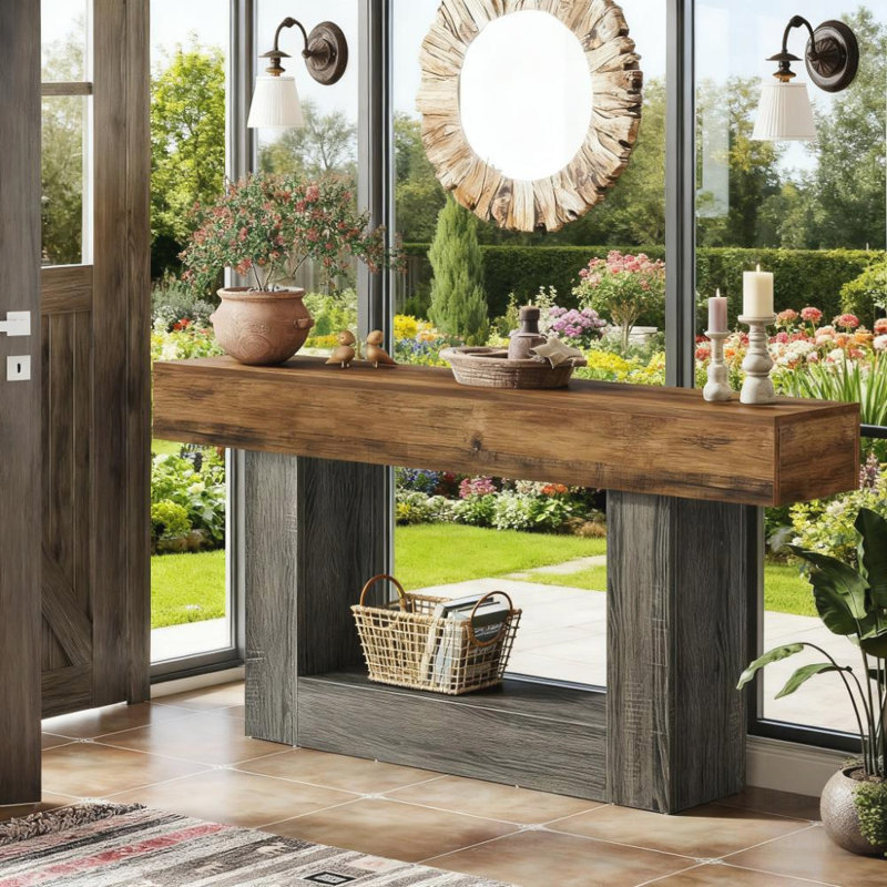 Narrow Long Wooden Sofa Table with Rustic Farmhouse Style and U-Shaped Base for Living Room Decor