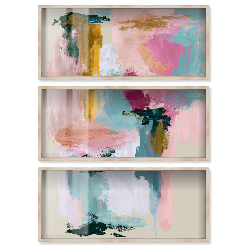 «Fuchsia Dream III Shadowbox Print» par Art Remedy, ensemble de 3, Cadre en chêne naturel