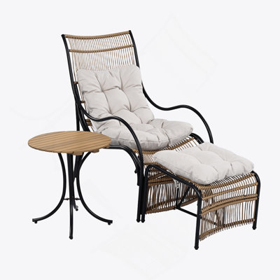 Ensemble de mobilier d'extérieur en osier 3 pièces avec méridienne, chaises de balcon et coussins, repose-pieds, ensembles de conversation pour le jardin, la terrasse et le porche, noir et naturel et beige