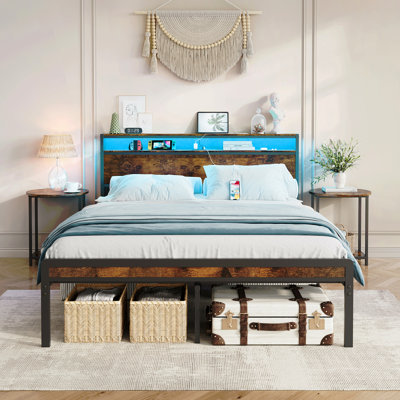 Structure de lit en métal avec tête et pied de lit, éclairage à DEL, sommier noir robuste avec support en lattes d'acier, silencieux, L 81,73 po x l 54,13 po x H 38,96 po